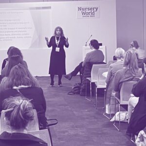 Ruth presenting at the Nursery World Show 2023 in front of a captivated audience